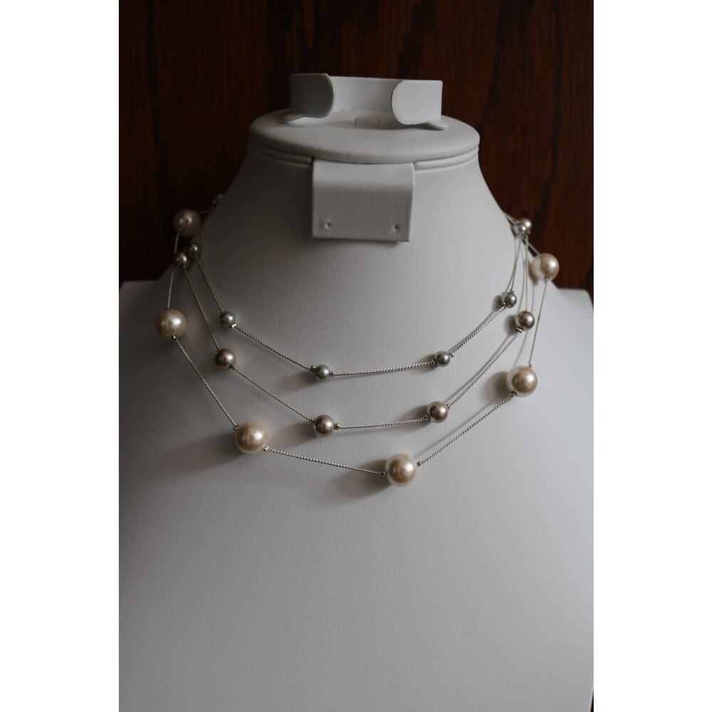 Faux PEARL Three Strand Necklace Womens Cream Pink 9in Rondelle Spacers Elegant - Picture 6 of 8